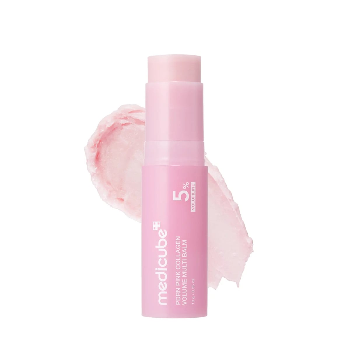 medicube PDRN Pink Collagen Volume Multi Balm en stick con swatch rosa