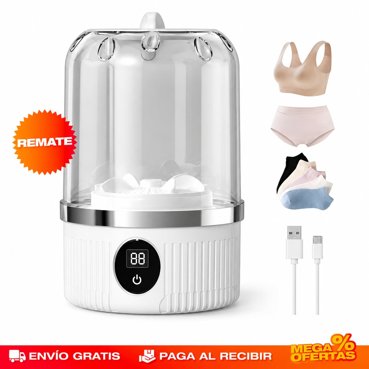 Mini lavadora con su cable de carga USB