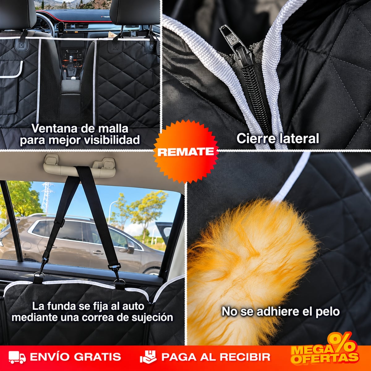 Ventana de malla, cierre lateral y correas de sujeción
