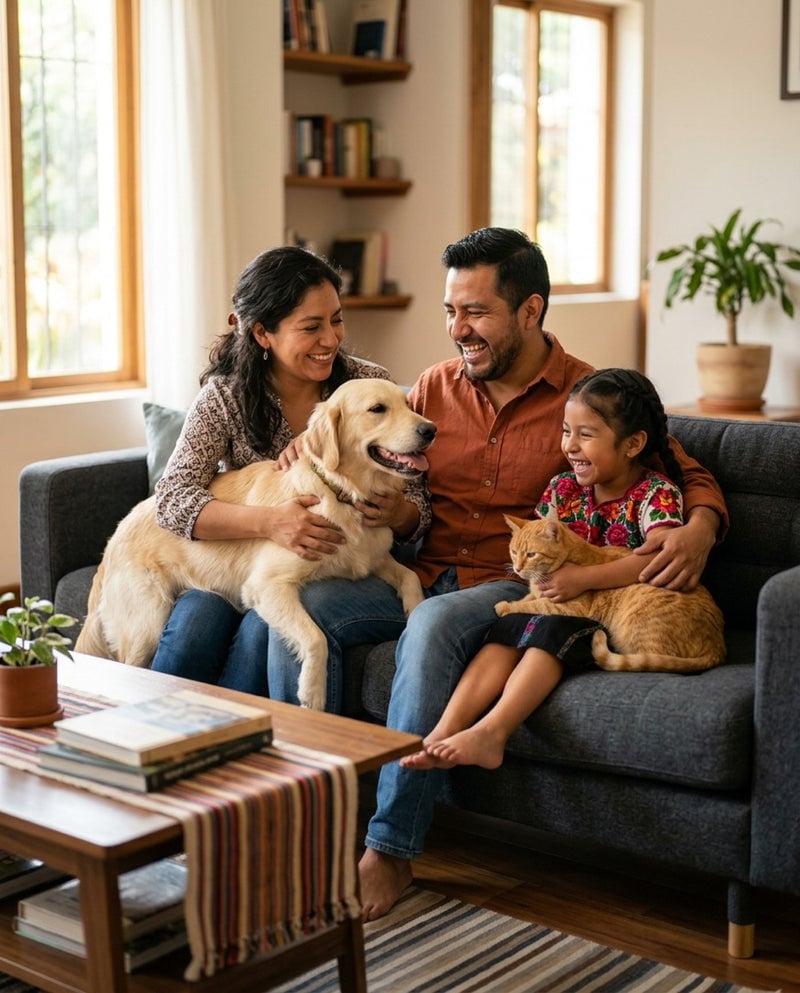 Familia en un sofá limpio con su perro y su gato