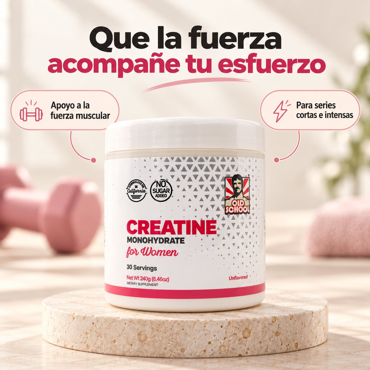Creatina para mujer Old School: apoyo a la fuerza muscular en series cortas e intensas.