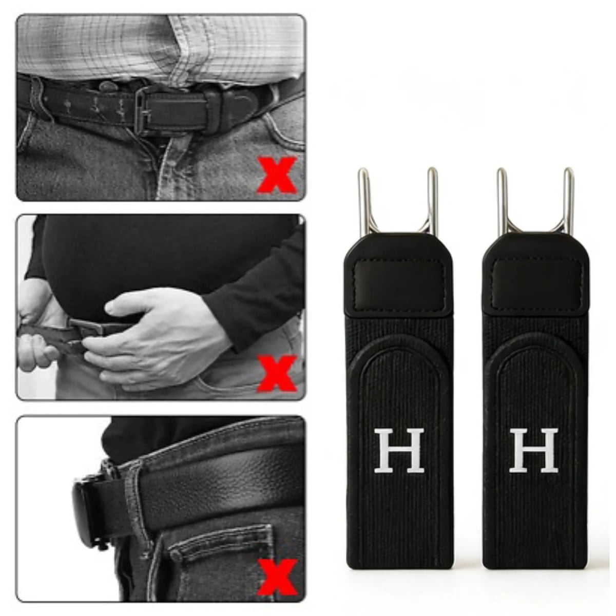 Two black belt buckles with 'H' logo on a white background, showing incorrect belt usage.