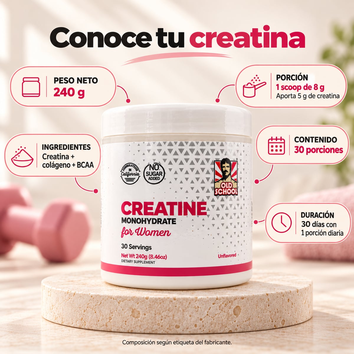 Creatina Old School de 240 g: 30 porciones de 8 g, cada una con 5 g de creatina.