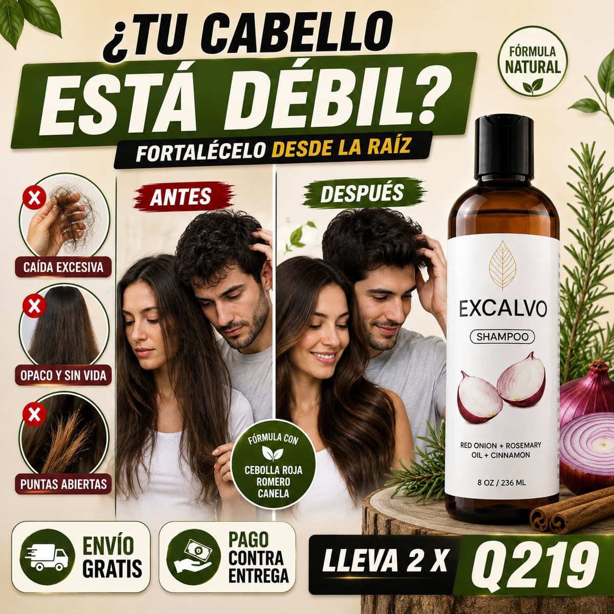 Shampoo EXCALVO  cebolla roja + aceite de romero + canela