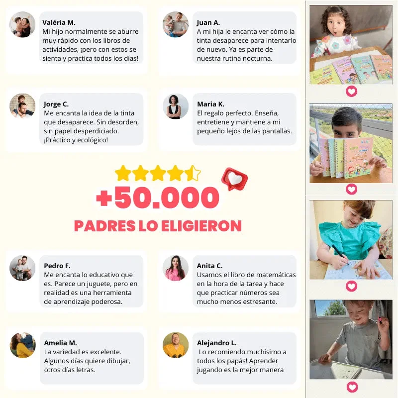 Kit de 4 Cuadernos Mágicos Reutilizables de Caligrafía para Niños con Alfabeto, Números, Matemáticas y Dibujo – Criativae