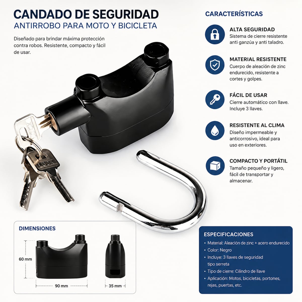 Candado GuardLock 110dB – Alarma Antirrobo para Moto, Bicicleta y Hogar