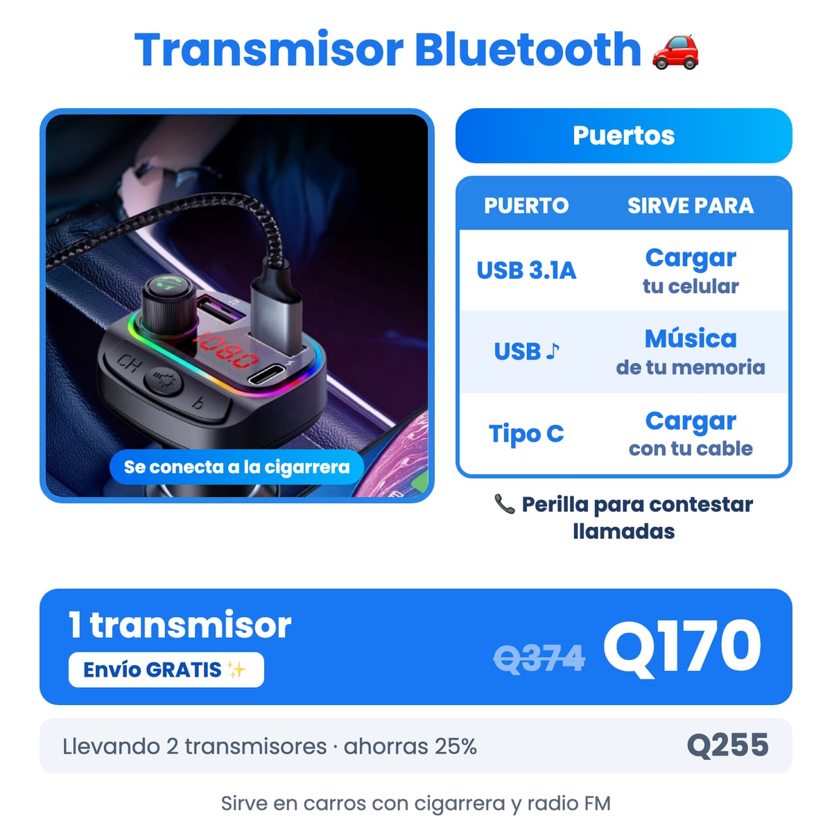 Transmisor Bluetooth y Cargador Tipo C - USB Carga rápida ✨