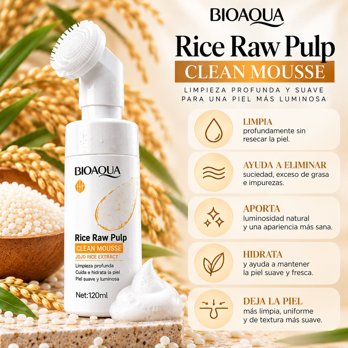 BIOAQUA Rice Raw Pulp Clean Mousse Facial Cleanser 120ml