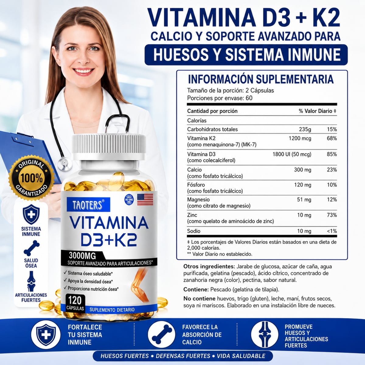 Vitamina D3K2 - Mejora la Inmunidad - Favorece la Salud Ósea y Articular y La Salud Dental + ENVIO GRATIS