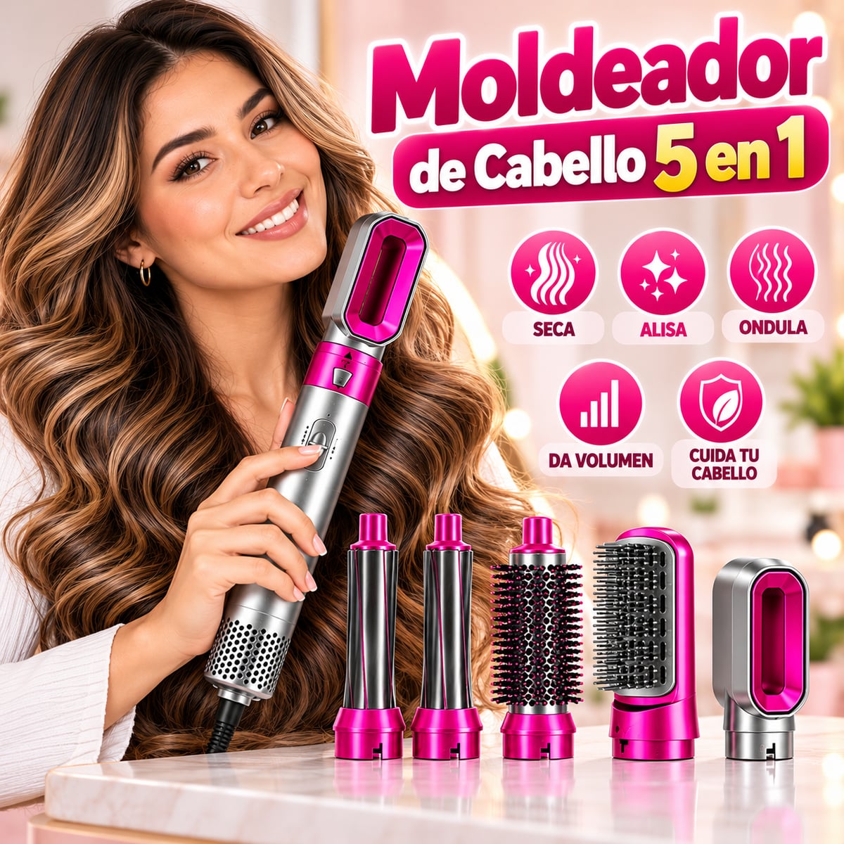 Moldeador de Aire 5 en 1 Profesional – Seca, Alisa, Ondula y Da Volumen