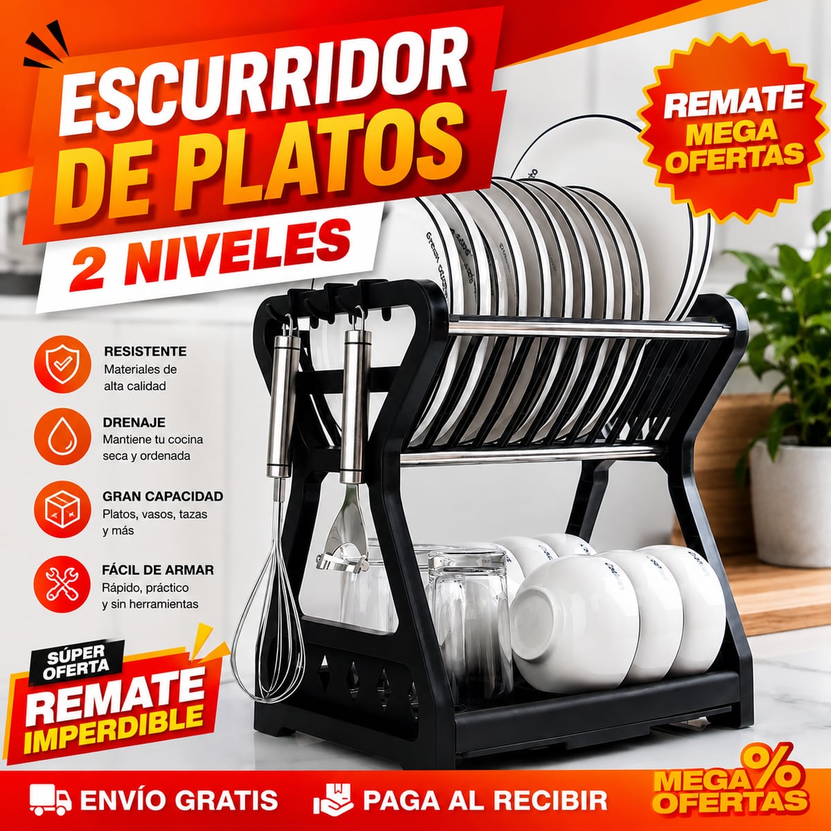 ESCURRIDOR DE PLATOS DE 2 NIVELES – Cabe toda la loza del almuerzo