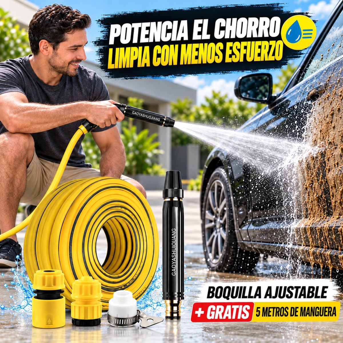 馃挦 BOQUILLA DE PRESI脫N AJUSTABLE + GRATIS 5 METROS DE MANGUERA 馃毧
