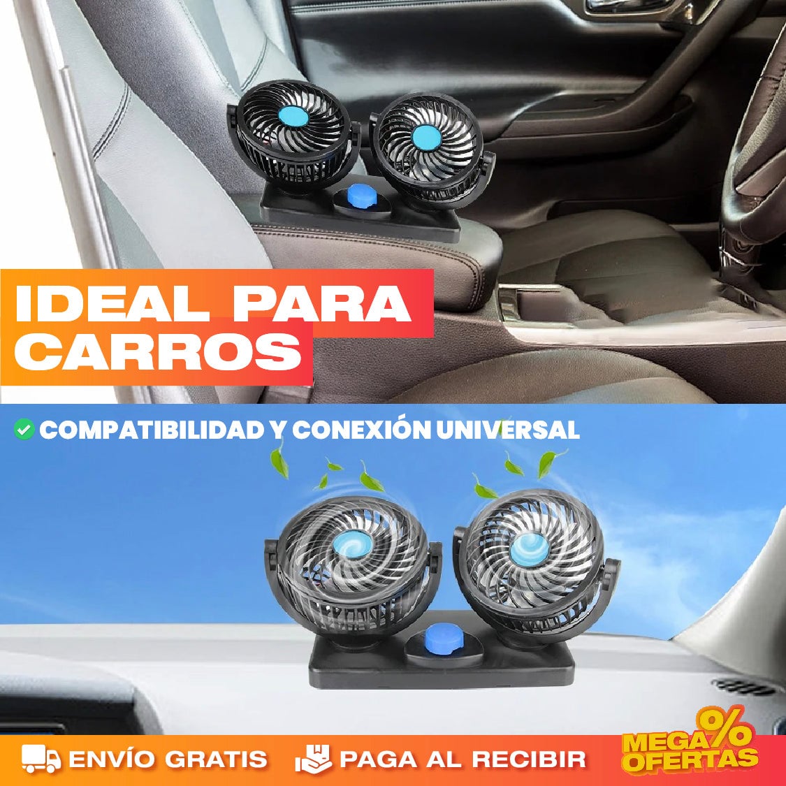 Ventilador de Doble Cabeza para Vehículo – Aire Fresco Adelante y Atrás · 2x1