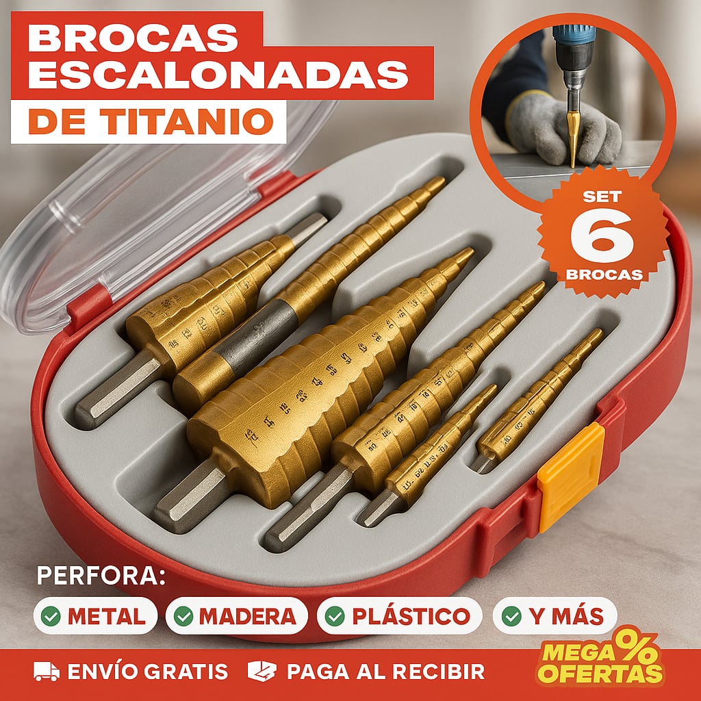 ¡ÚLTIMAS UNIDADES!! 🔩SET DE 5 BROCAS ESCALONADAS DE TITANIO - ENVÍO GRATIS