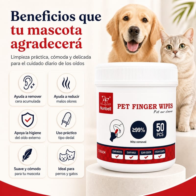 Toallitas tipo dedal para limpieza de oídos y boca para  mascotas