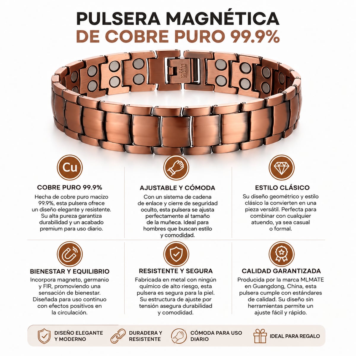 Pulsera magnética de cobre puro: alivia dolor y mejora circulación