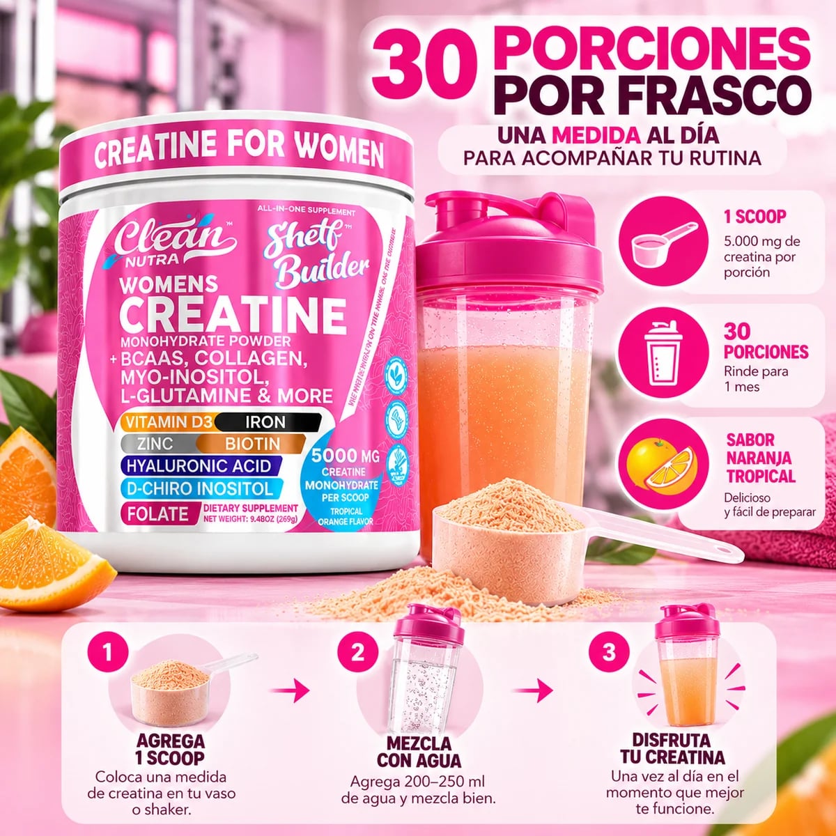💖💪 CLEAN NUTRA WOMEN CREATINE™ | Creatina Premium para Mujeres💖💪Combate la Fatiga Muscular, Mejorar el Rendimiento y Desarrolla Glúteos Más Fuertes y Tonificados ✨ENVIO GRATIS