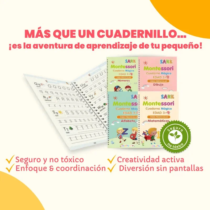 Kit de 4 Cuadernos Mágicos Reutilizables de Caligrafía para Niños con Alfabeto, Números, Matemáticas y Dibujo – Criativae