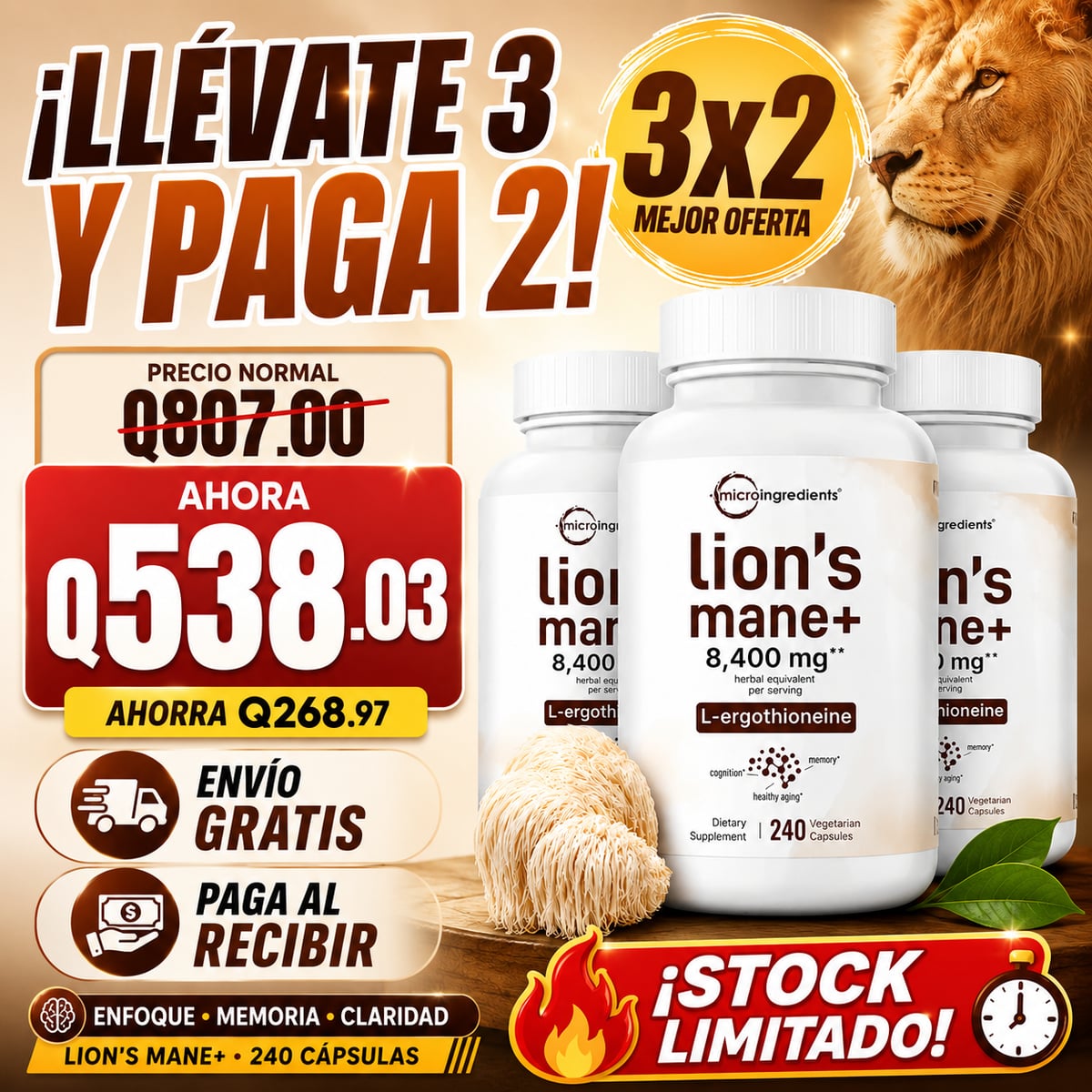 🧠 Lion’s Mane+ | Activa tu Enfoque, Memoria y Claridad Mental 🦁✨