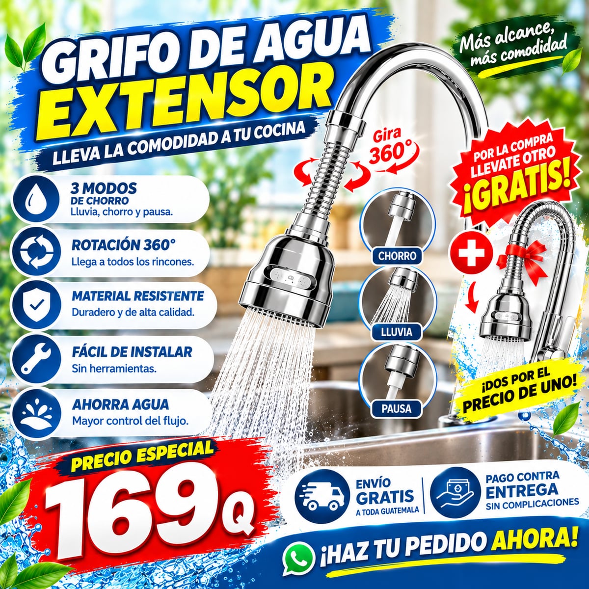 Extensor de Grifo de Agua Giratorio 360° Lleva 1 y Recibe uno Adicional Completamente GRATIS