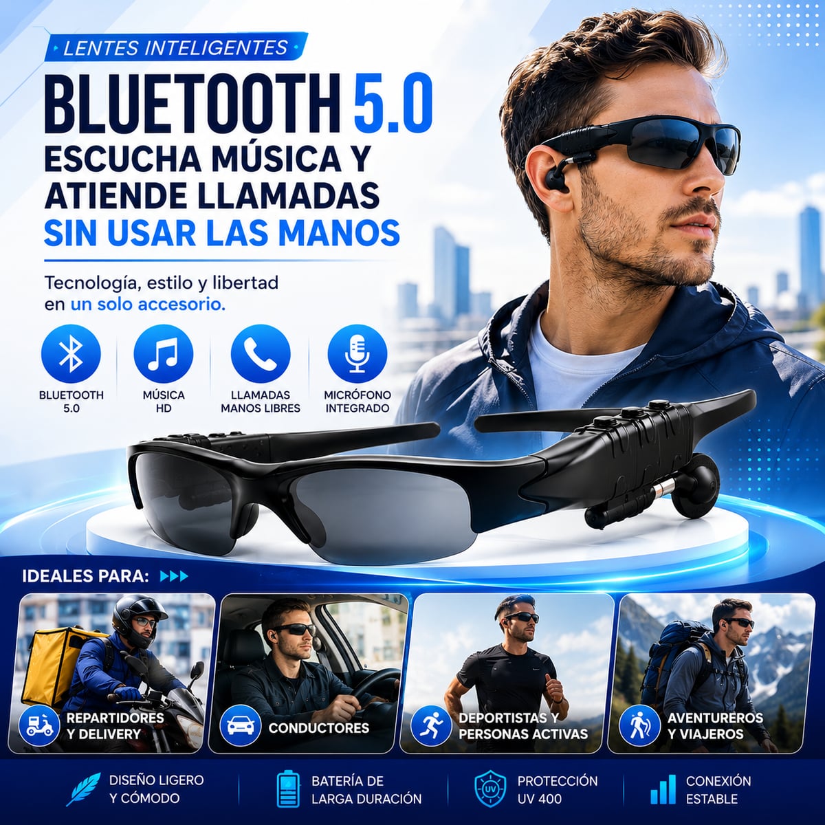 Lentes de Sol Polarizados con Audio Bluetooth Integrados - No más audífonos de cable molestos