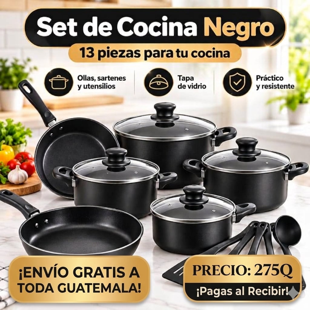 🥘 Juego Set de Cocina Negro 🍳 13 Piezas con Utensilios 🧑🍳🖤