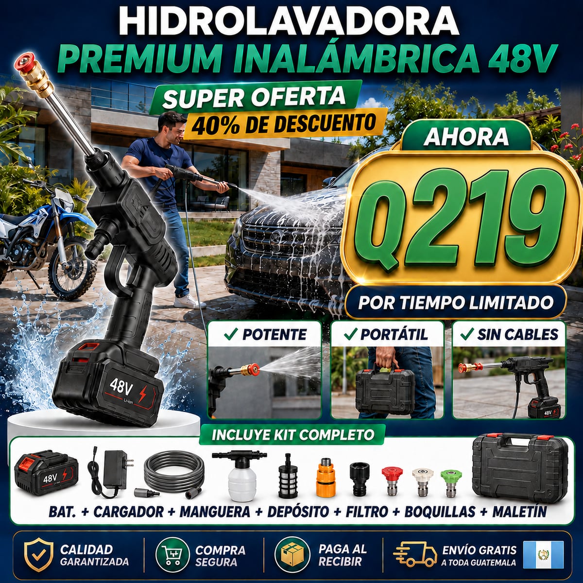 💦 Hidrolavadora Premium Inalámbrica 48V | Potencia y Limpieza Sin Cables