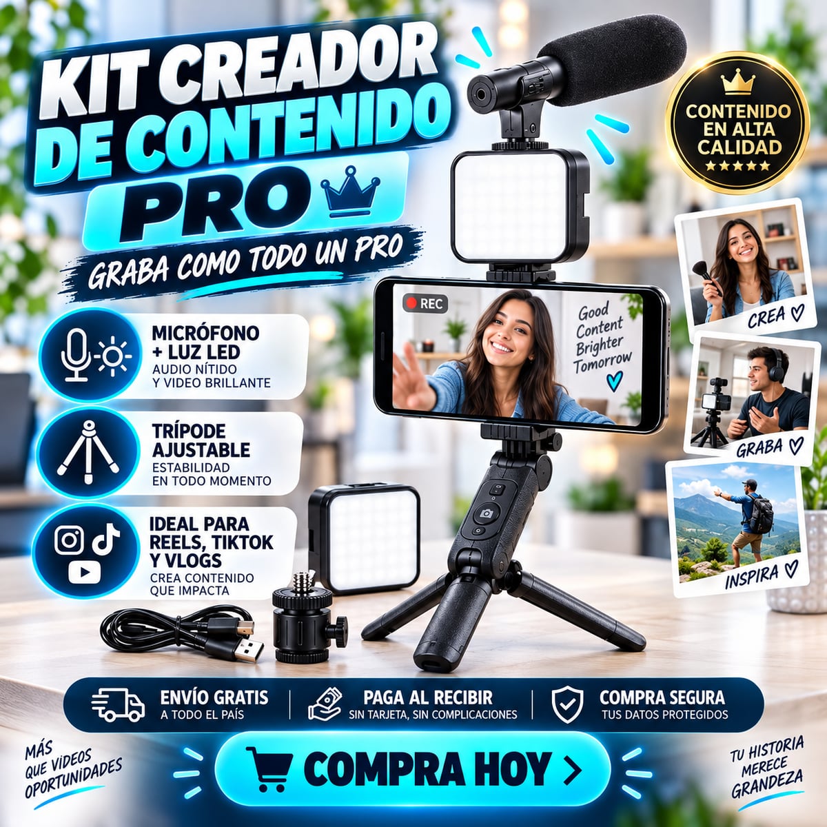 Creator Kit PRO™ 4 en 1 | Micrófono + Luz LED + Trípode + Soporte