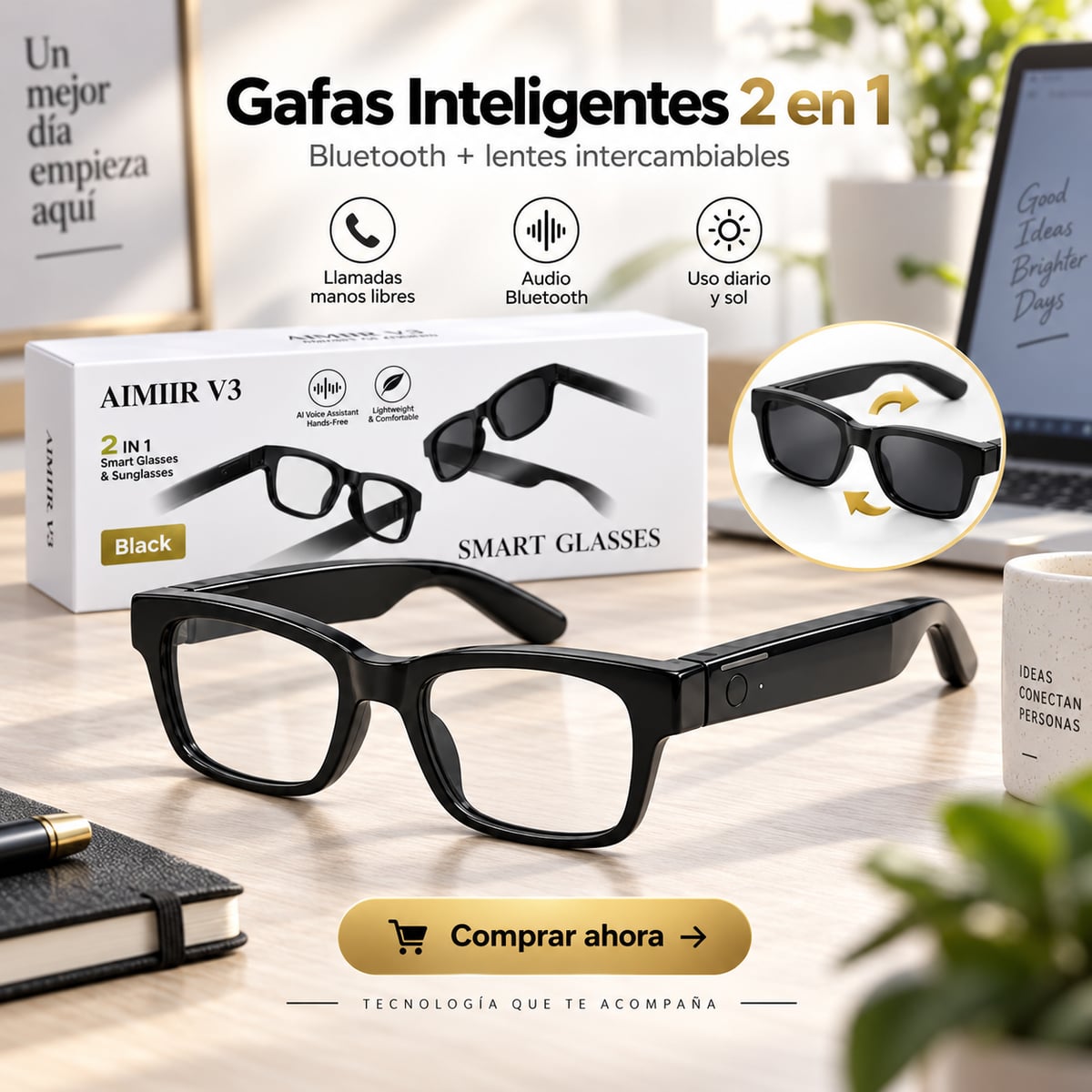 Gafas Inteligentes 2 en 1 con Bluetooth + Lentes Intercambiables