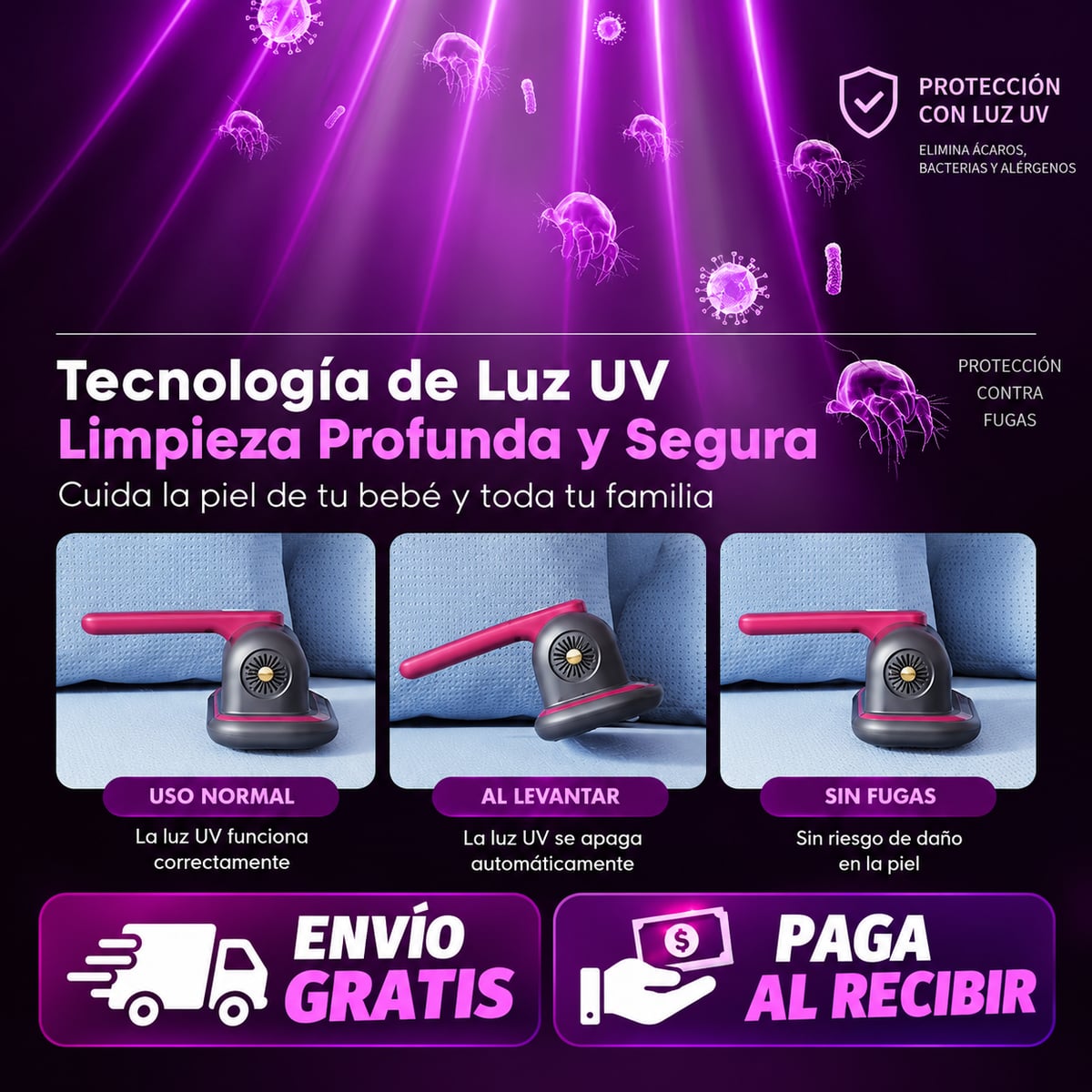 Aspiradora Anti Ácaros UV Inalámbrica | Limpieza Profunda para tu Hogar