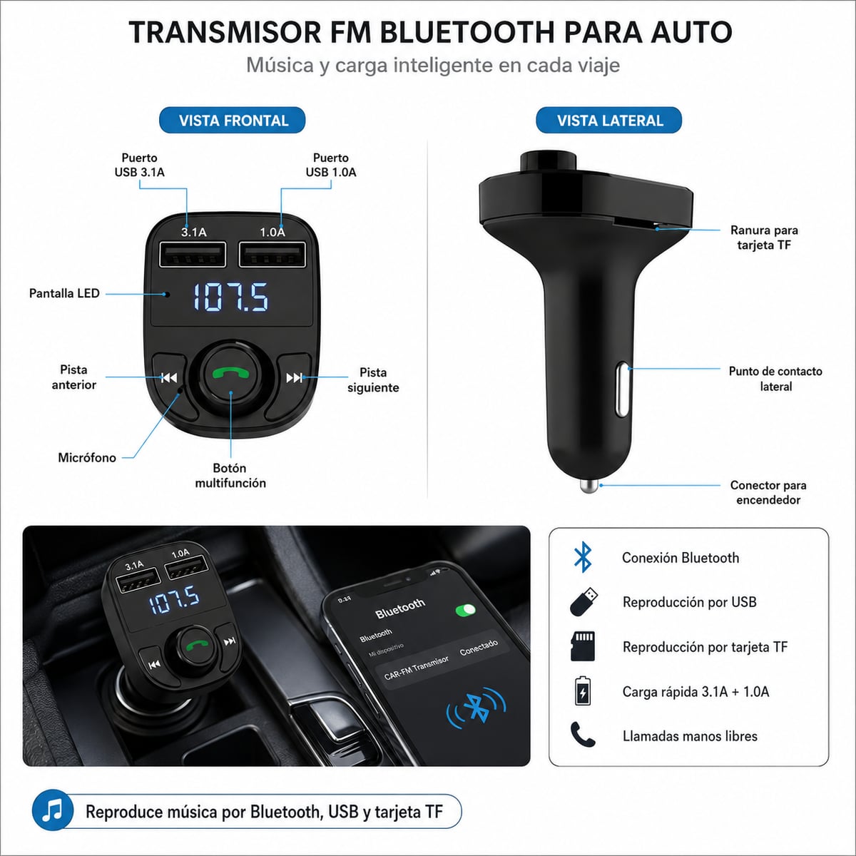 AutoConnect Bluetooth FM – Música, Llamadas Manos Libres y Carga USB