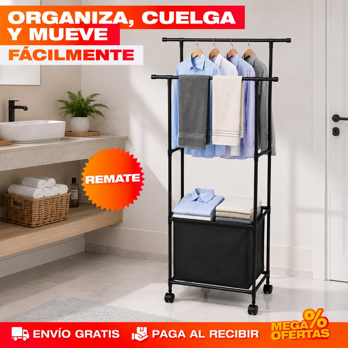 TENDEDERO ORGANIZADOR DE ROPA DOBLE CON CESTA