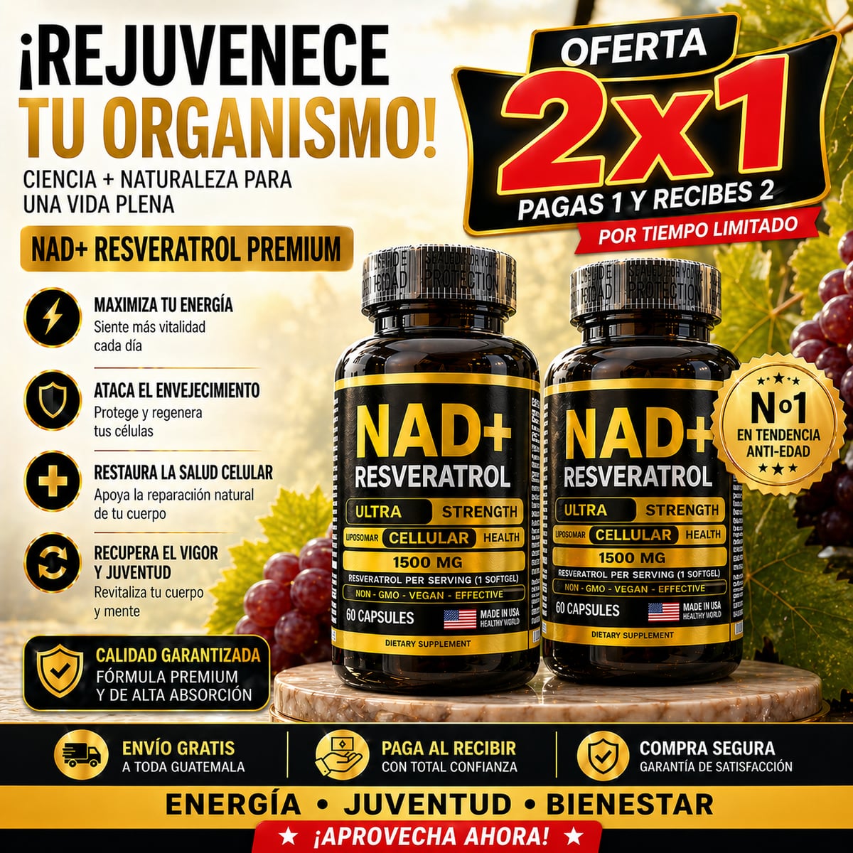 🎁 2x1 PROMOCIÓN:  Resveratrol + NAD+ Premium 1500mg (60 Cápsulas)  + Envío gratis 🎁