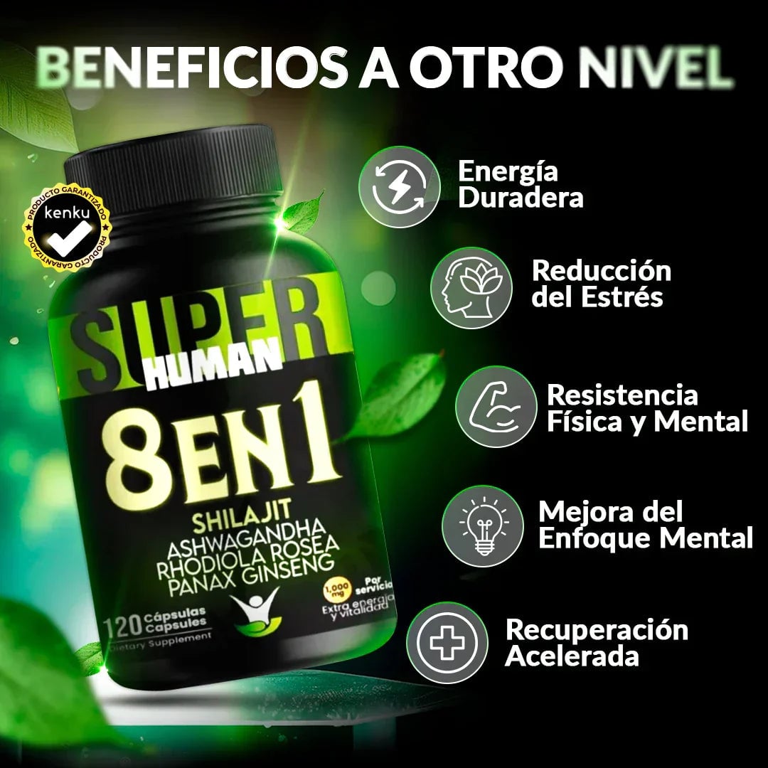 8 en 1 Cápsulas - Shilajit Ashwagandha Rhodiola Rosea Panax y Ginseng SuperHuman™ PG