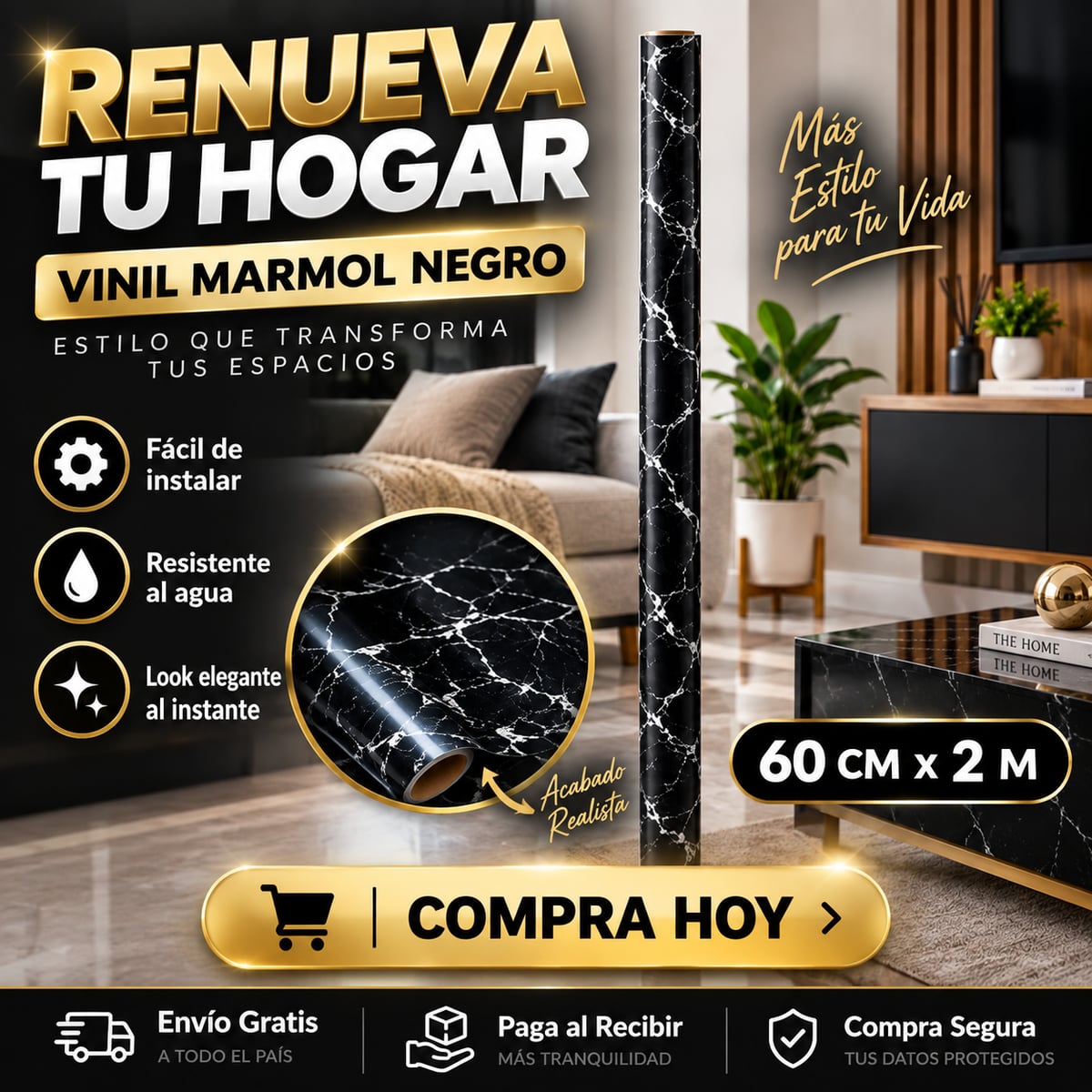 MármolFlex PRO™ 2x1 | Vinilo Adhesivo Mármol Negro