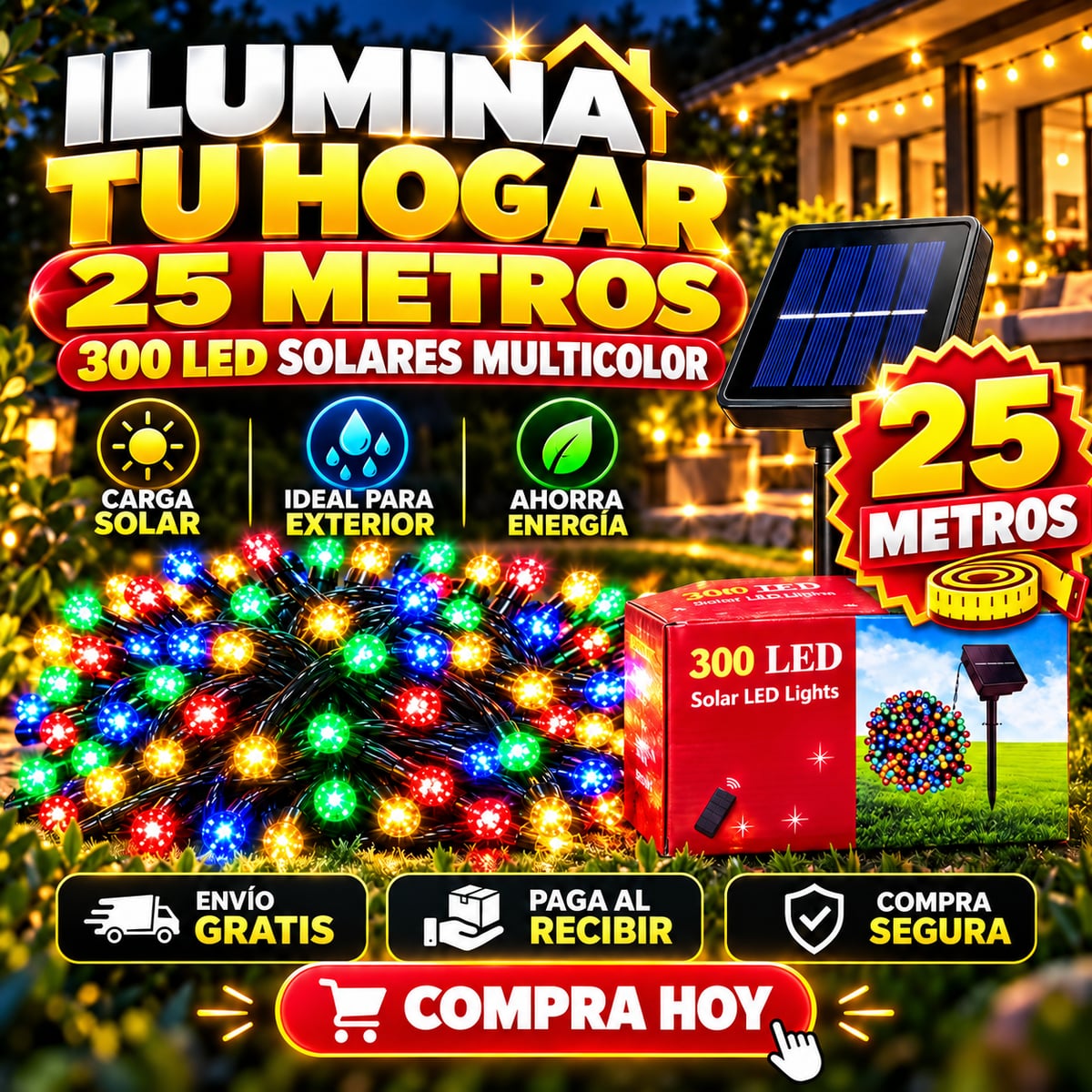 Luces Solares PRO 25M™ | 300 LED Multicolor para Iluminar y Decorar
