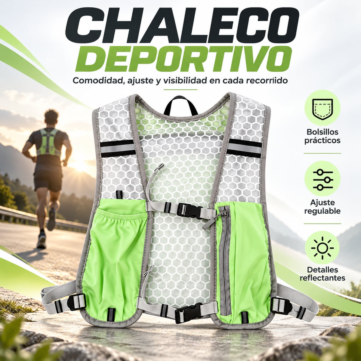 💚🎽 Chaleco Running Pro™🏃♂️ – Ligero, Ajuste cómodo, Reflectante, diseño transpirable y espacio práctico para cada recorrido. 🏃♂️ENVIO GRATIS🏃♂️