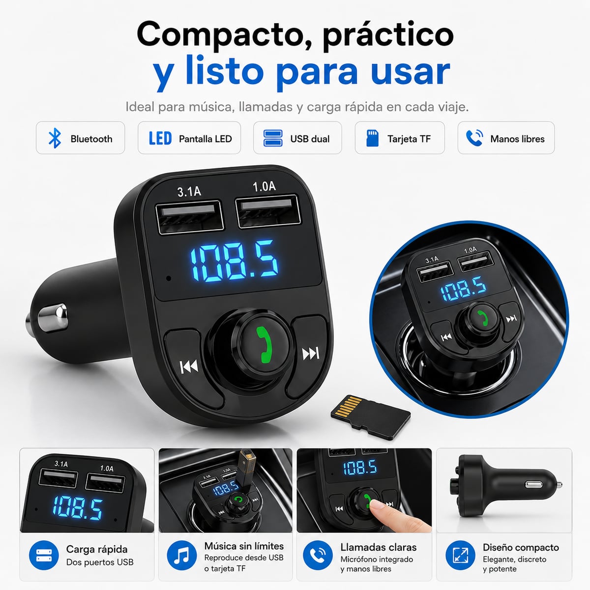 AutoConnect Bluetooth FM – Música, Llamadas Manos Libres y Carga USB