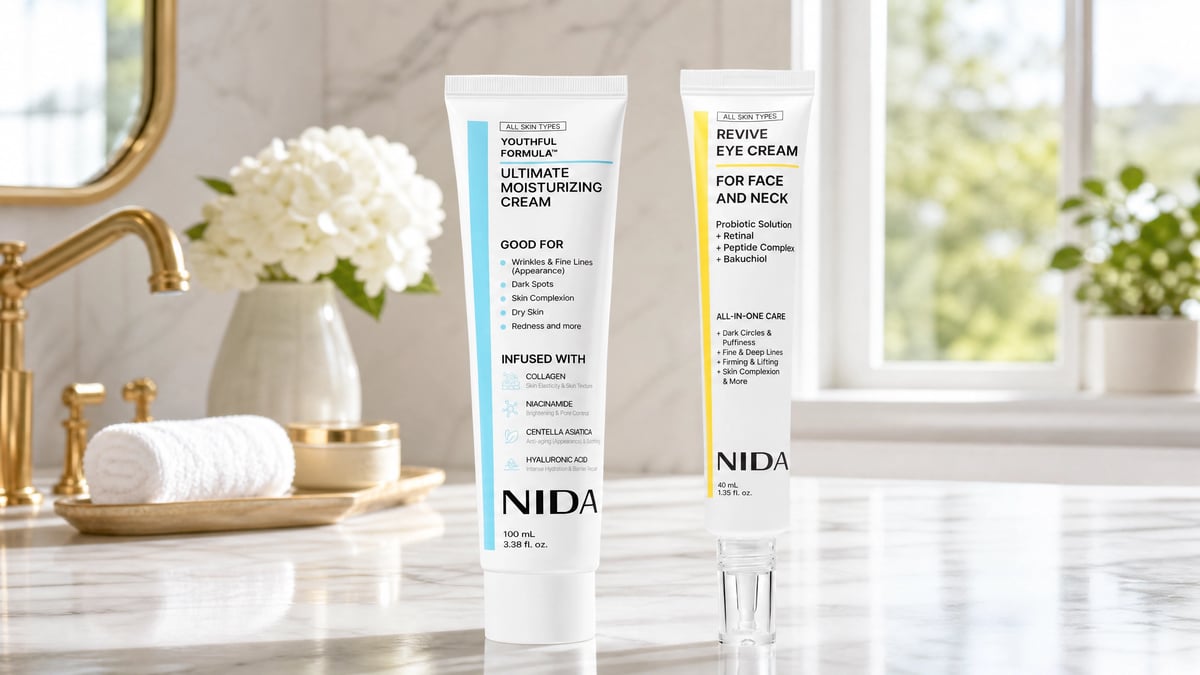 ✨ Descubre el poder de una piel más hidratada y luminosa 💙 Kit Premium de Cuidado Facial NIDA 🌿 Crema Hidratante + Crema para Rostro, Cuello y Contorno de Ojos