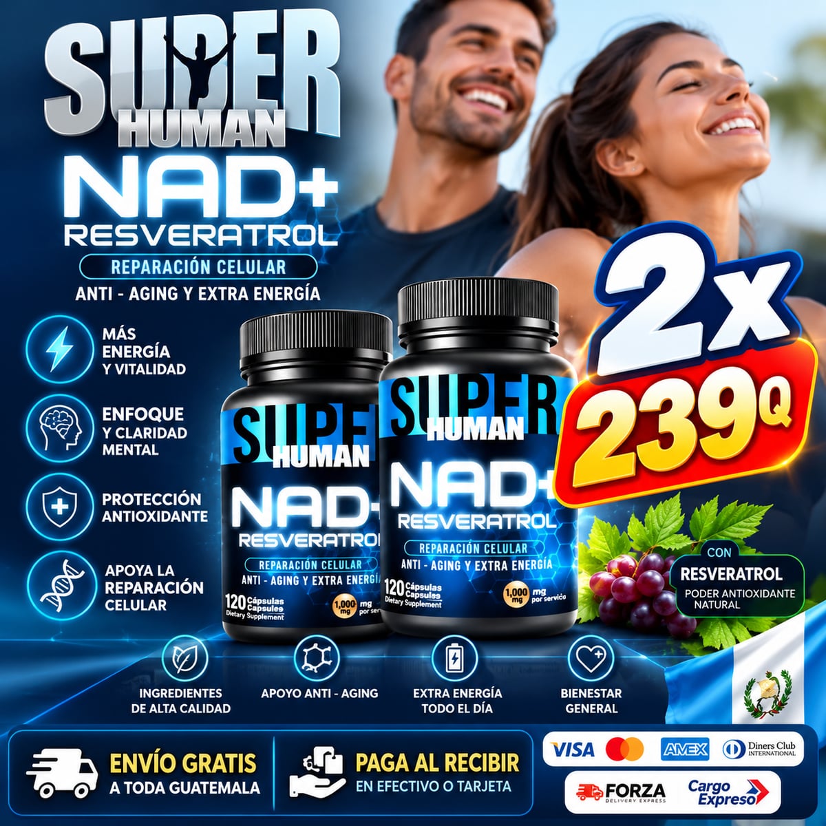 NAD + Resveratrol - Cápsulas de Reparación Celular Antienvejecimiento + ENVIO GRATIS