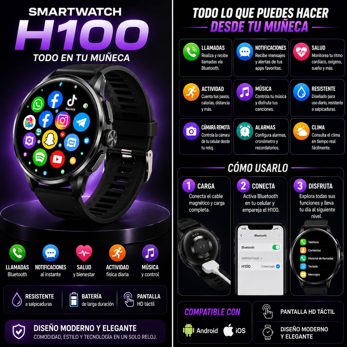 Smartwatch H100 Inteligente | Llamadas Bluetooth, Notificaciones y Monitoreo de Actividad