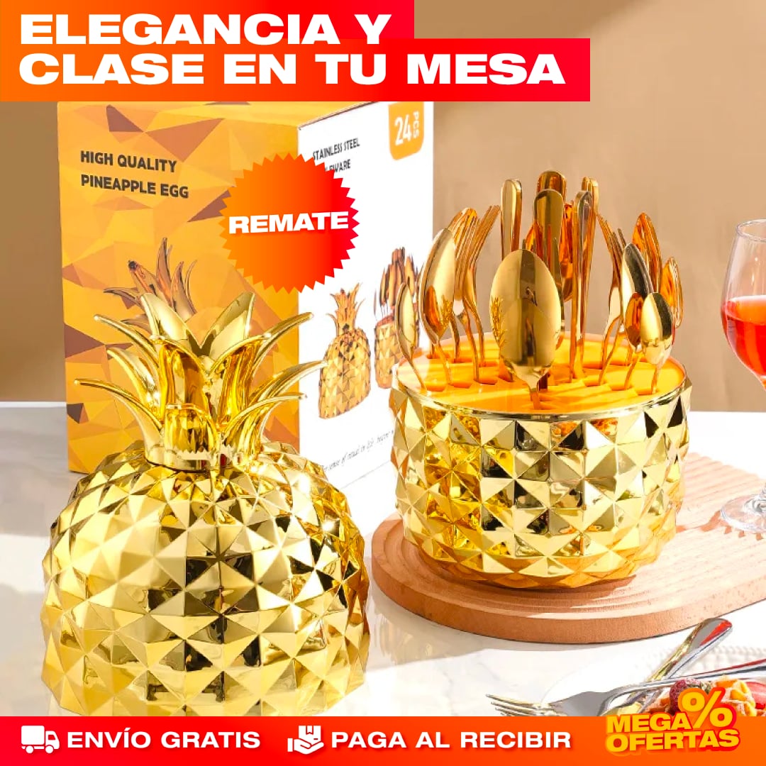 JUEGO DE CUBIERTOS 24 PIEZAS DORADO FORMA DE PIÑA