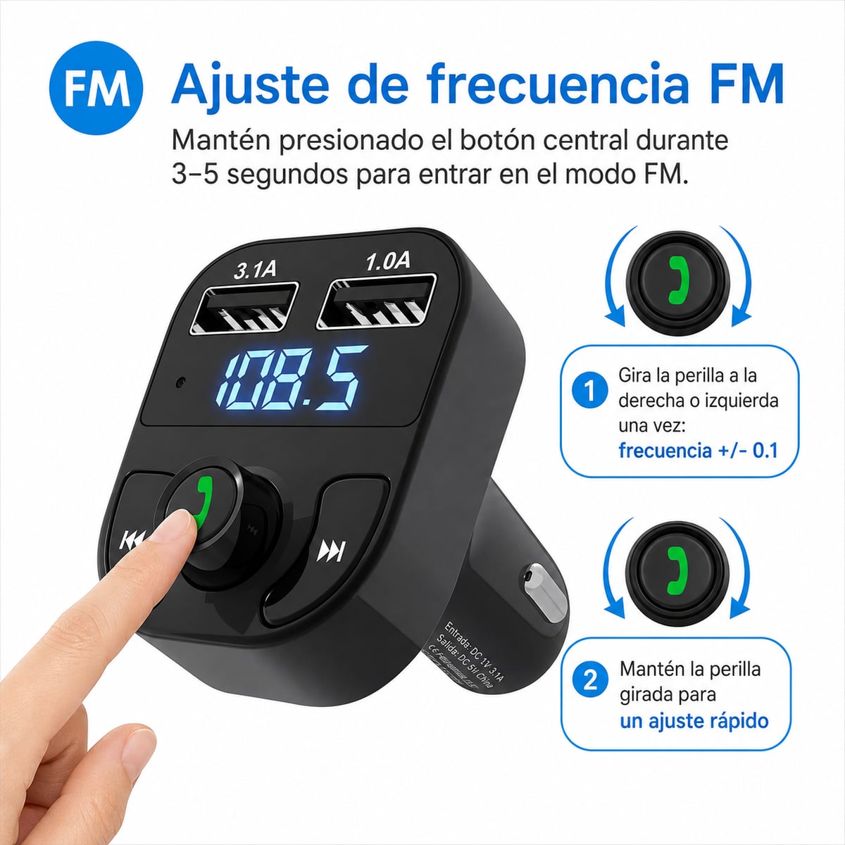 AutoConnect Bluetooth FM – Música, Llamadas Manos Libres y Carga USB