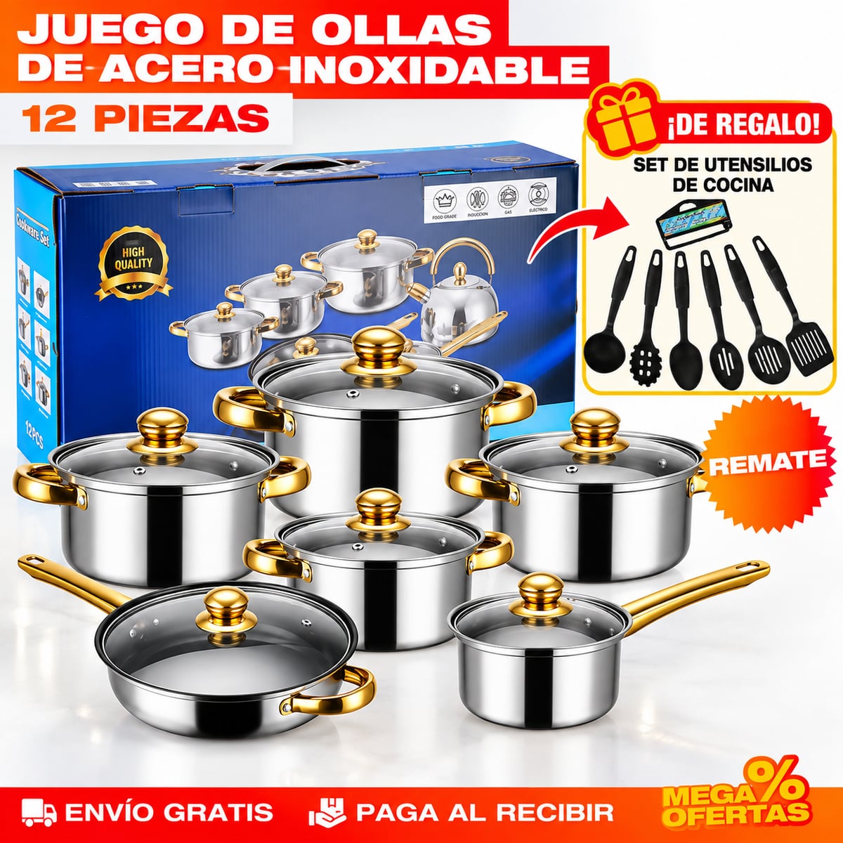 Juego 12 Piezas de Ollas y Sartenes de Acero Inoxidable con Detalles Dorados – Set de Utensilios de Cocina de REGALO 🎁