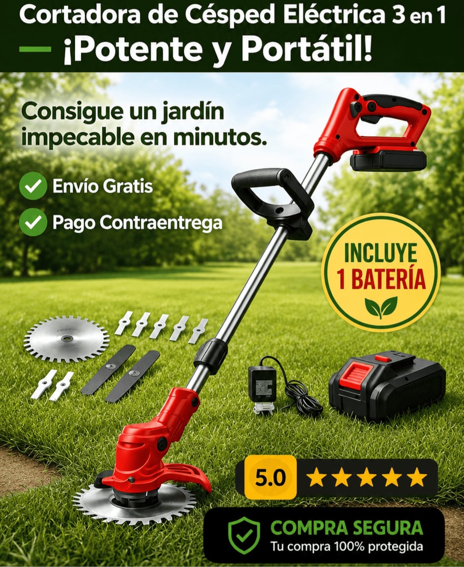Podadora Inalámbrica 3 en 1 – Corta, Aparar y Desbroza sin Esfuerzo