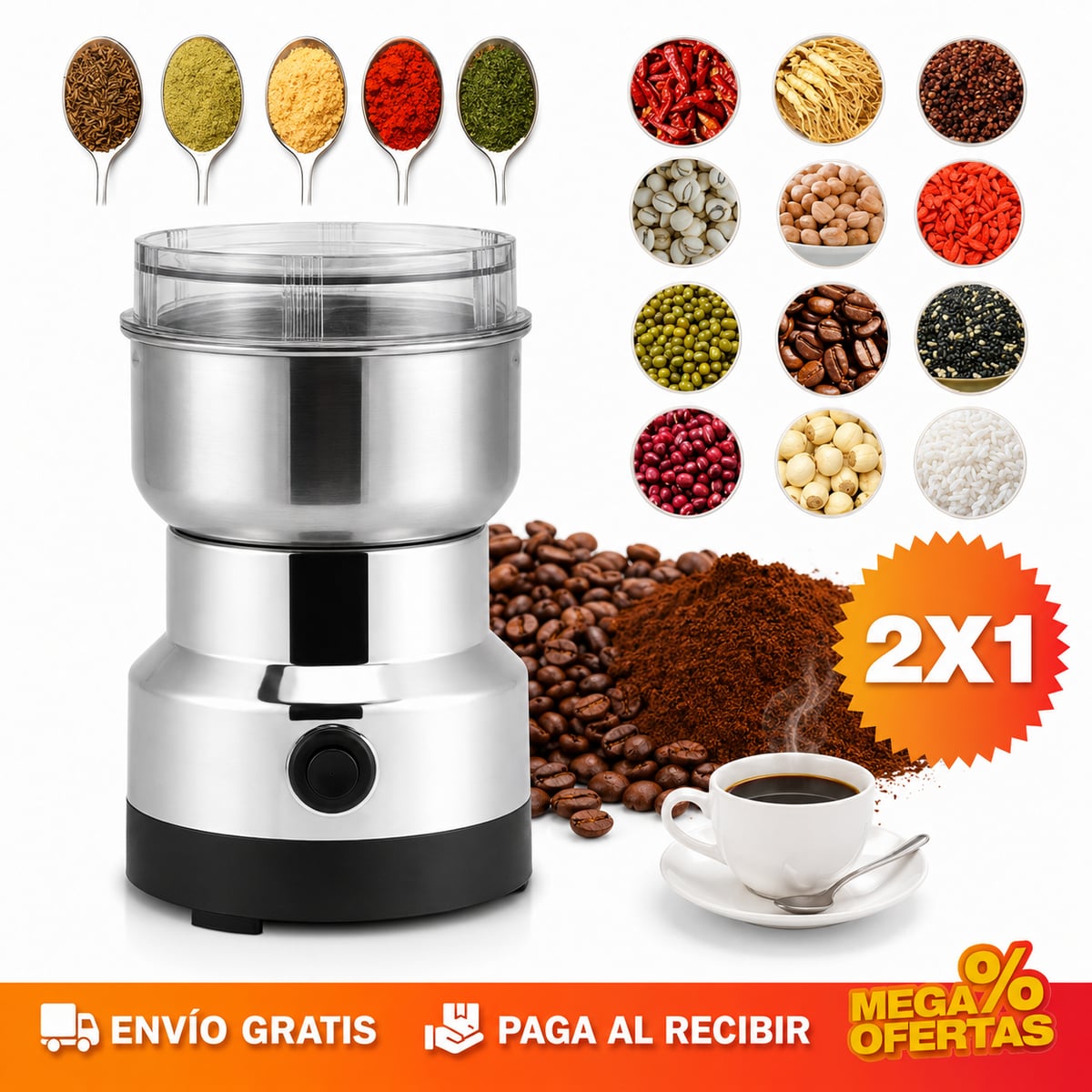 2 Trituradoras Multifuncionales Eléctricas para el Hogar – Muele Café, Granos y Especias en Segundos · 2x1