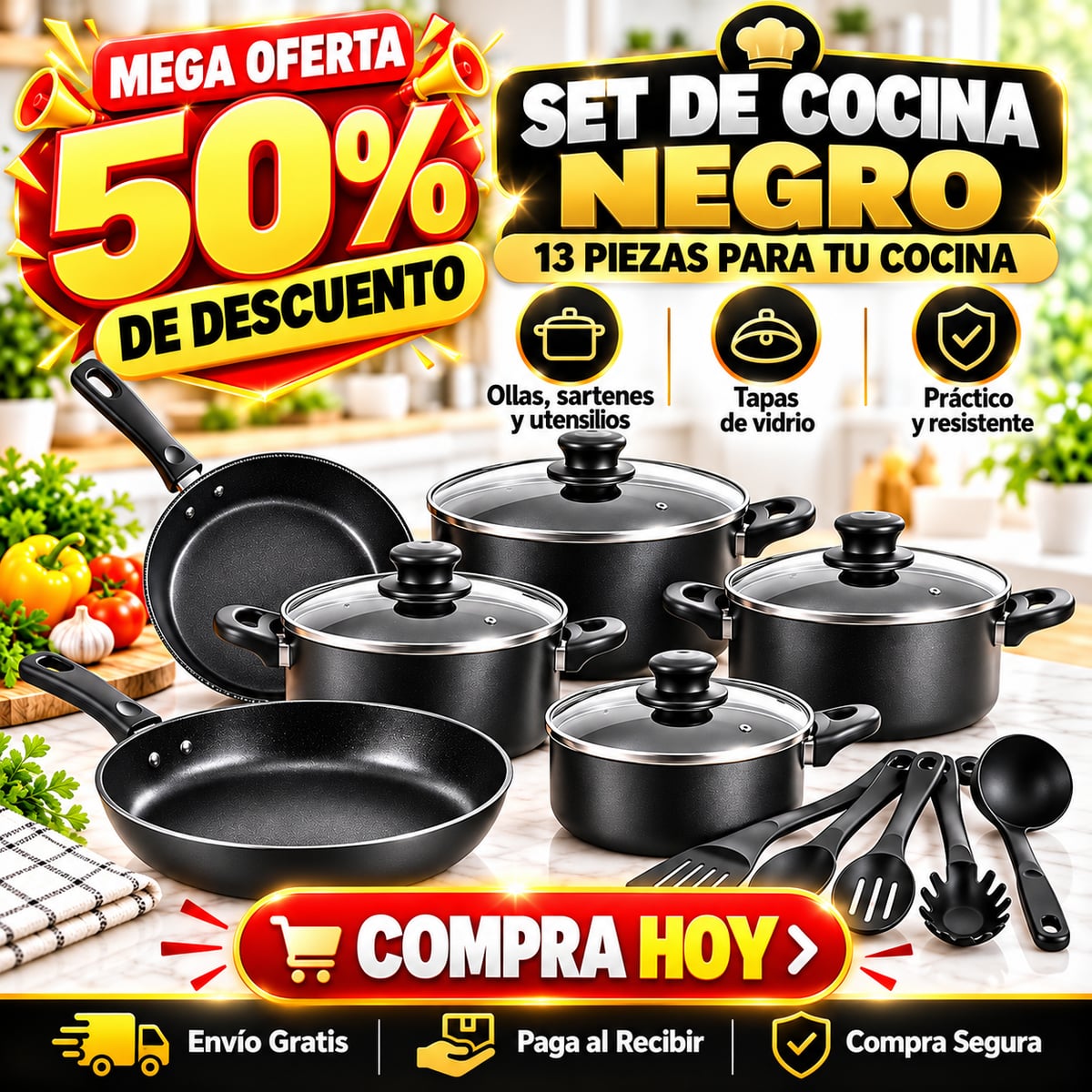 Set Cocina PRO™ | 13 Piezas Antiadherente, resistente y fácil de limpiar.