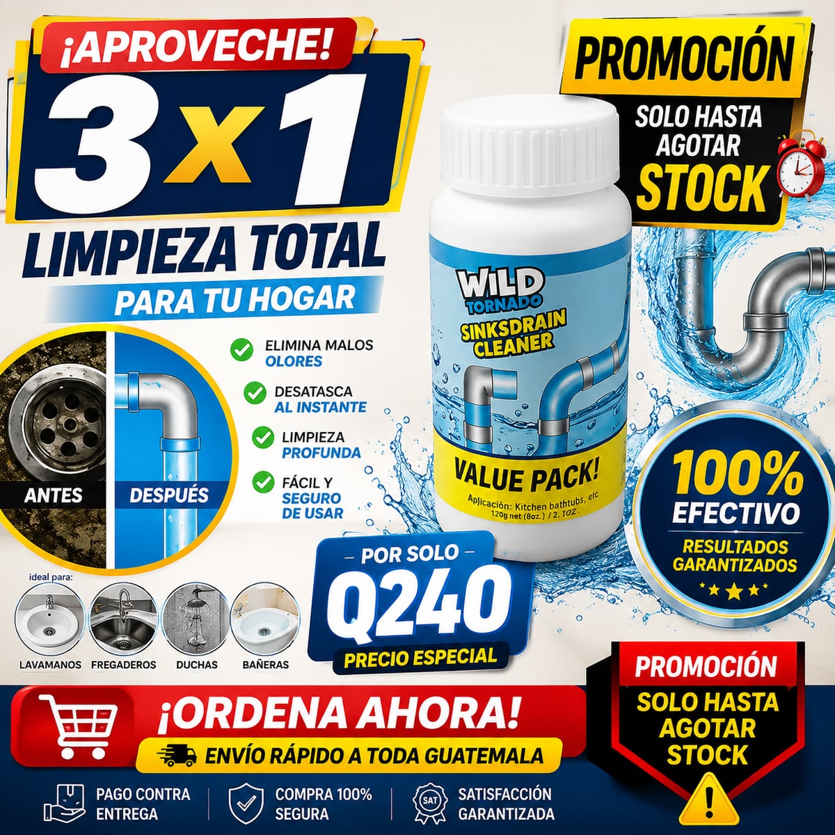 Wild Tornado™ Destapador y Limpiador de Cañerías Profesional-3X1 + Q240+ envio gratis