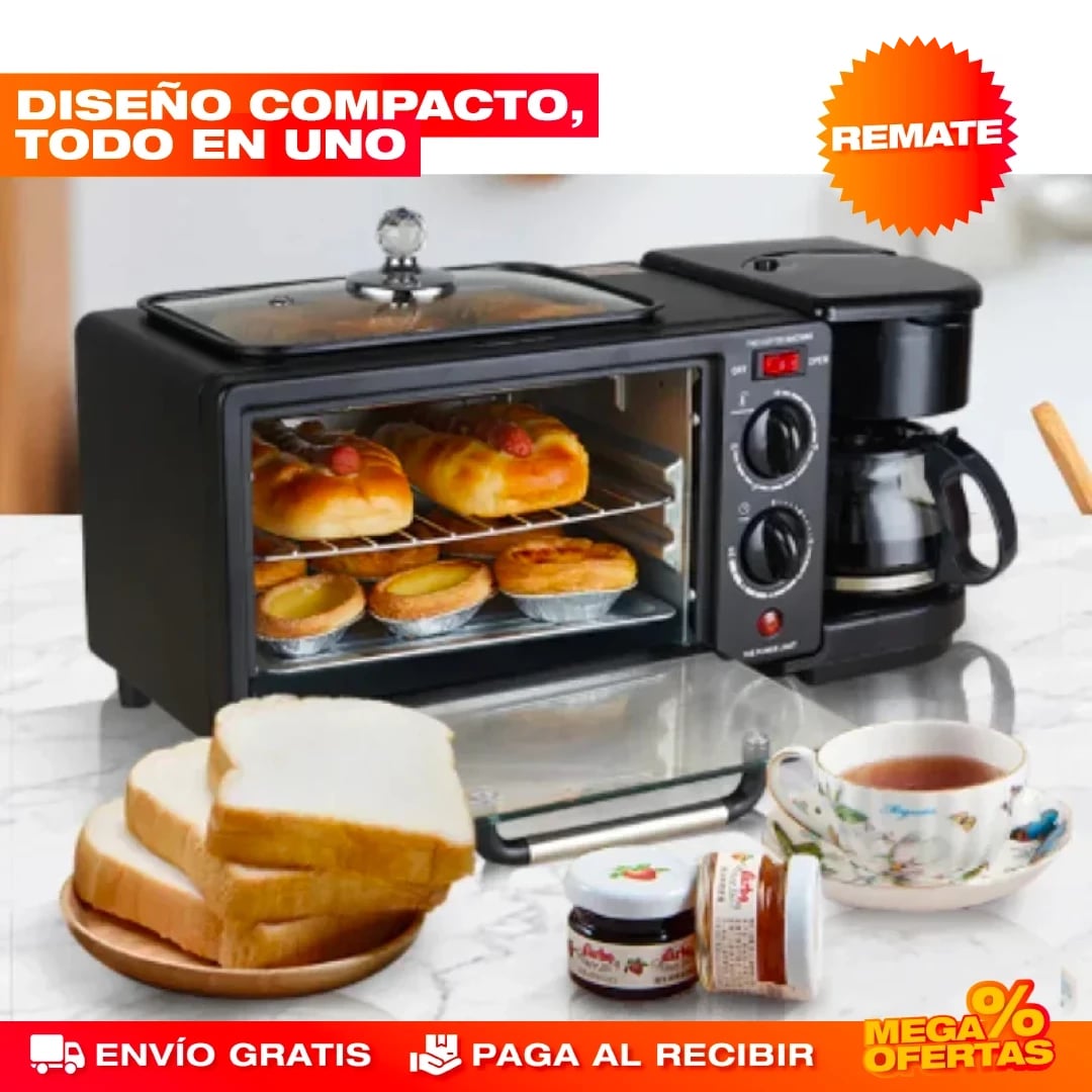MÁQUINA DESAYUNO 3 EN 1 CAFETERA + HORNO + SARTÉN