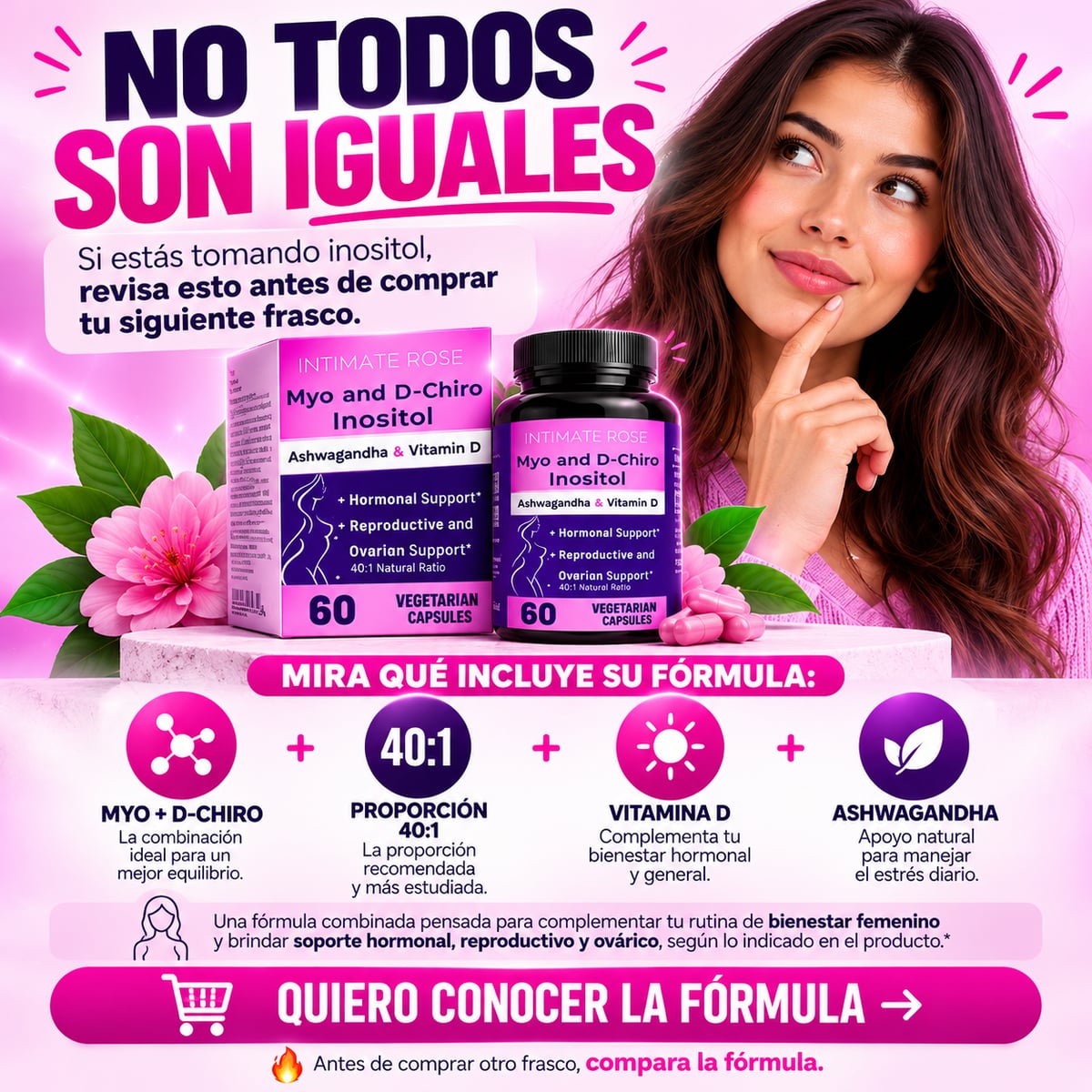 Myo Inositol + D-Chiro proporción 40:1 Vitamina D y Ashwagandha.